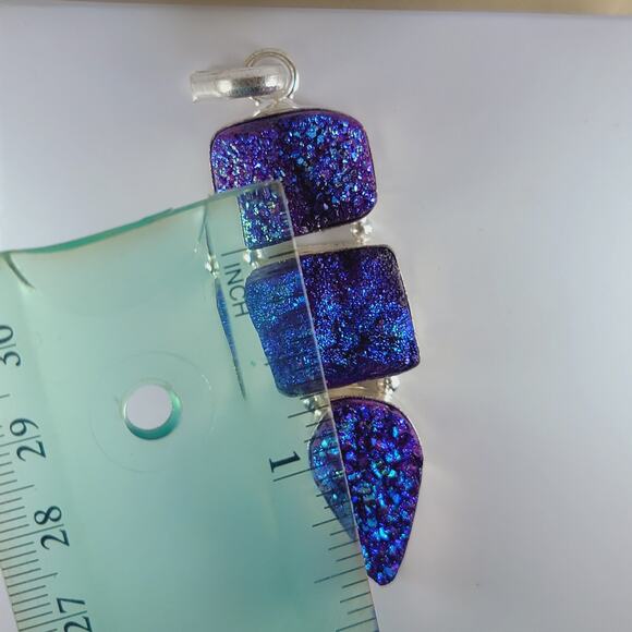 Purple Druzy Quartz Sterling Silver Pendant 2.5" Iridescent Triple Drop - Picture 5 of 13